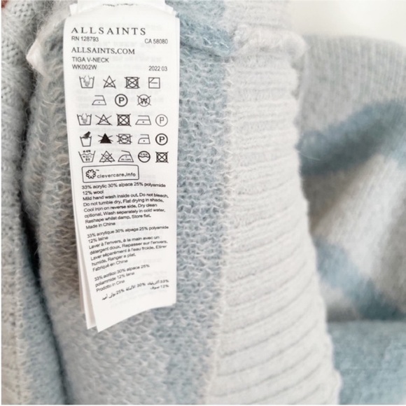 Allsaints Tiga Sweater blue v neck pullover tiger stripe alpaca wool - Picture 7 of 8